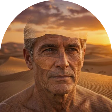Retrato de un hombre maduro fundido con dunas al amanecer: Ritual Amanecer con arcillas naturales