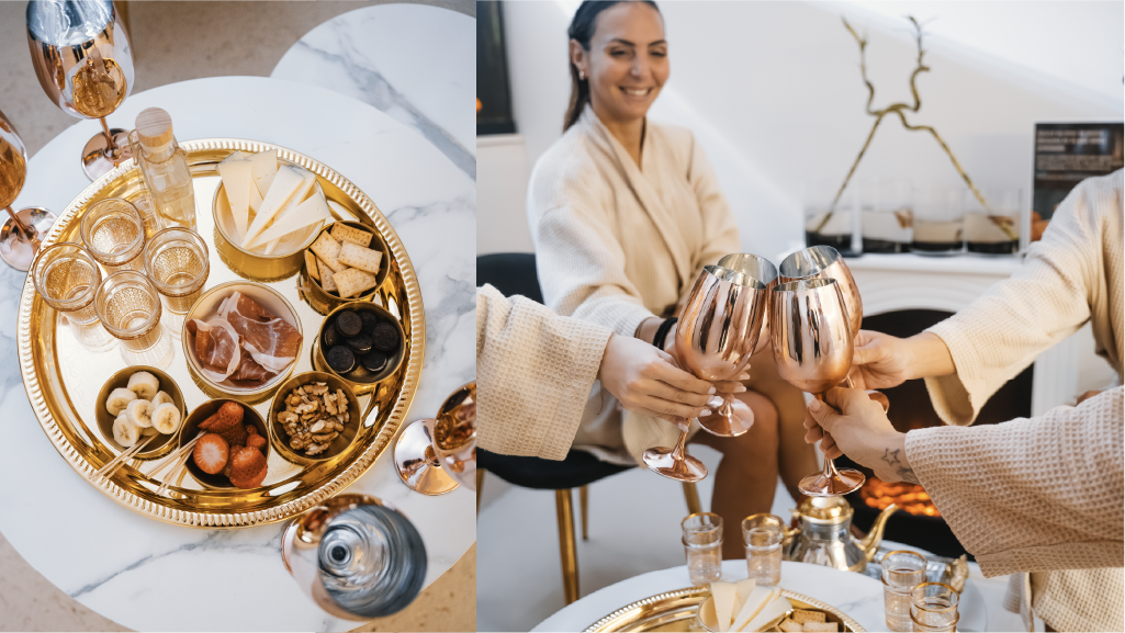 Clientes disfrutando de ágape de Calma Hammam Zaragoza servido al finalizar el ritual de hammam, con aperitivos seleccionados para prolongar la experiencia de relajación y bienestar.