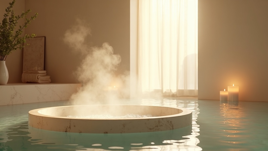 Vapor de un ritual de hammam en verano sobre agua y eucalipto en Calma Hammam